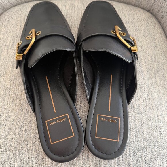 Dolce Vita Black Leather Mules With Gold Buckle Detail Size 8.5 - Picture 2 of 10